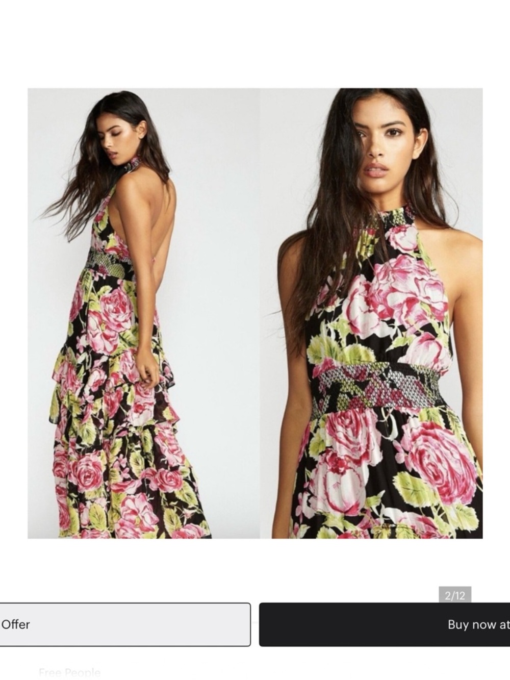Free People Black Halter Maxi Dress with Pink Floral Print